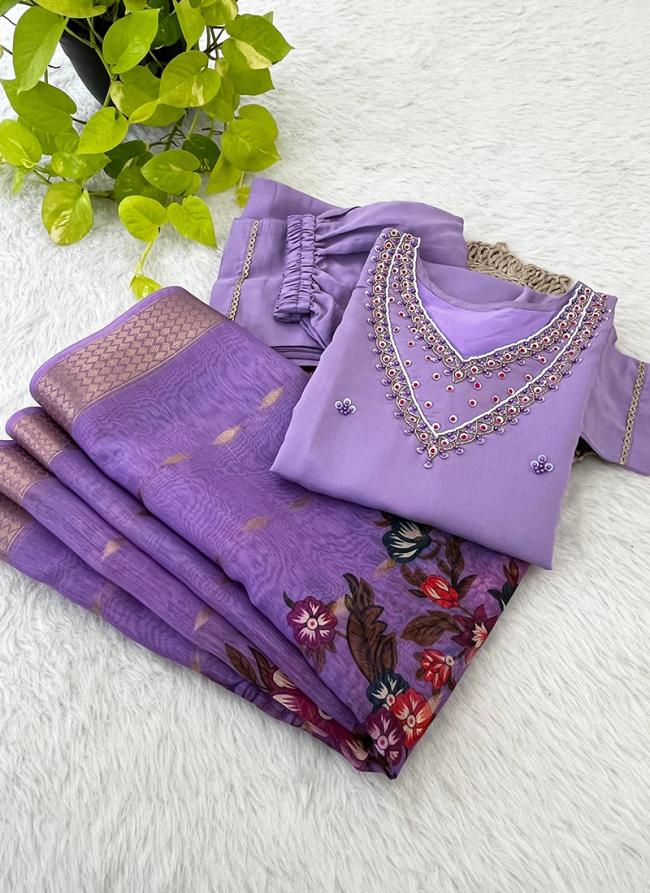 Roman Silk Lavender Festival Wear Hand Work Readymade Kurti Set